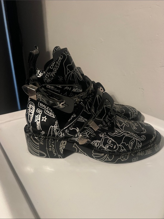 Balenciaga Shoes - Balenciaga Black & White Graffiti Leather Ankle Shoes